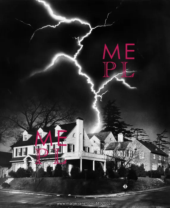 : 1940s Lightning Bolt over Suburban House : 1940s Lightning Bolt over Suburban House