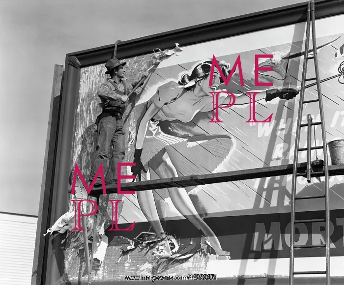 : 1940s Man On Scaffold Scraping : 1940s Man On Scaffold Scraping