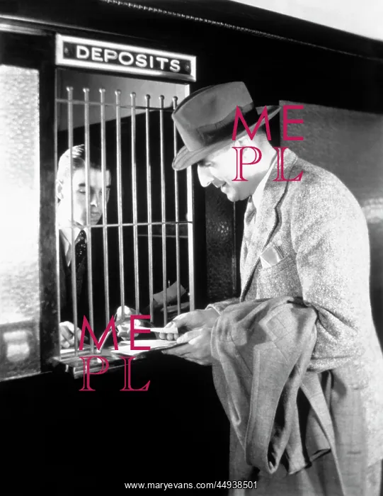 : 1940s Man At Tellers Window Of : 1940s Man At Tellers Window Of
