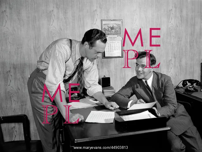  : 1940s Two Men At Desk In Wood