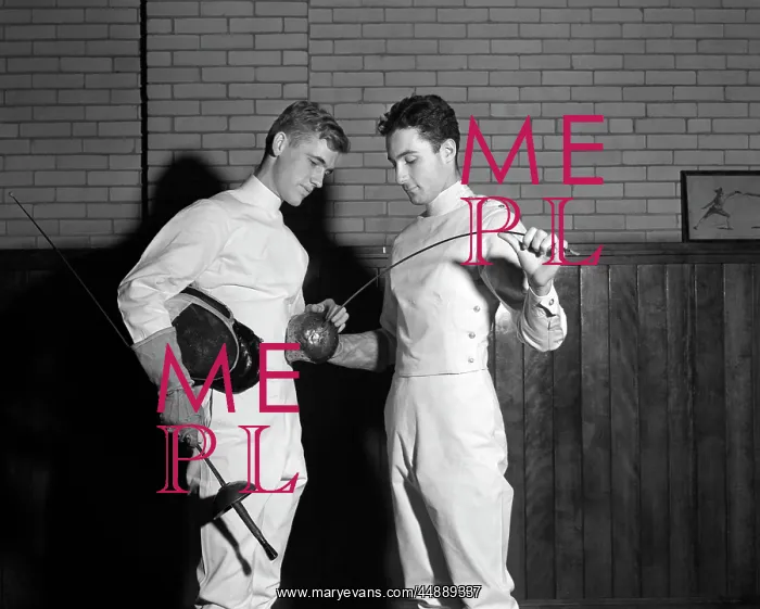 : 1940s Two Men Wearing Fencing : 1940s Two Men Wearing Fencing