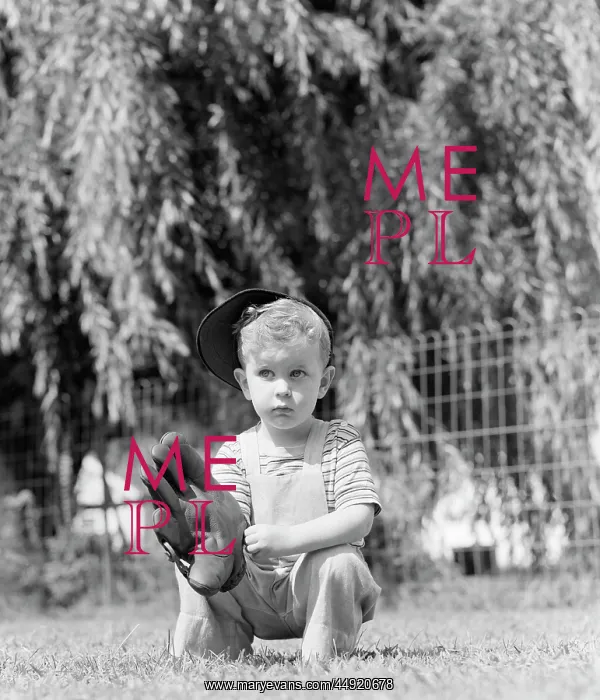 : 1940s Small Serious Blond Boy Holding a Baseball Mitt Wea : 1940s Small Serious Blond Boy Holding a Baseball Mitt Wea
