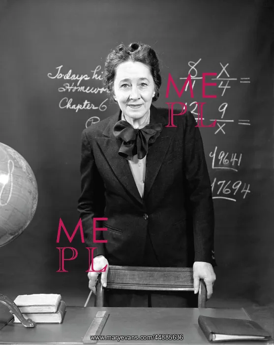 : 1940s Smiling School Teacher Standing : 1940s Smiling School Teacher Standing