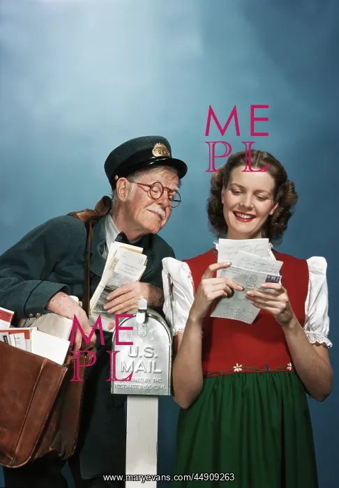 : 1940s smiling woman reading letters leaning on : 1940s smiling woman reading letters leaning on