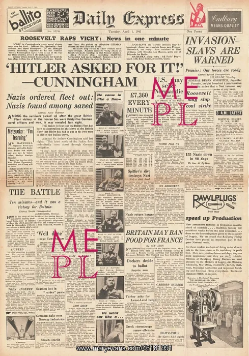 : 1941 Daily Express Battle of Cape Matapan : 1941 Daily Express Battle of Cape Matapan