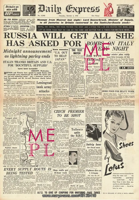 : 1941 Daily Express Britain and US give full support to Russi : 1941 Daily Express Britain and US give full support to Russi
