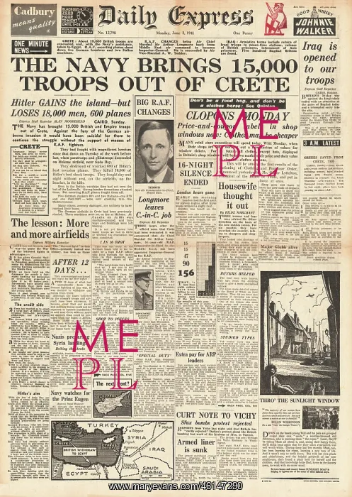 : 1941 Daily Express Crete evacuated by British Forces : 1941 Daily Express Crete evacuated by British Forces