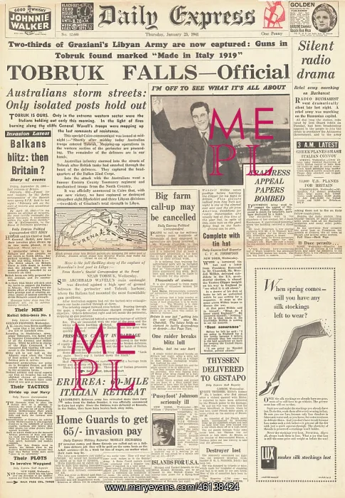 : 1941 Daily Express Fall of Tobruk to Allies : 1941 Daily Express Fall of Tobruk to Allies