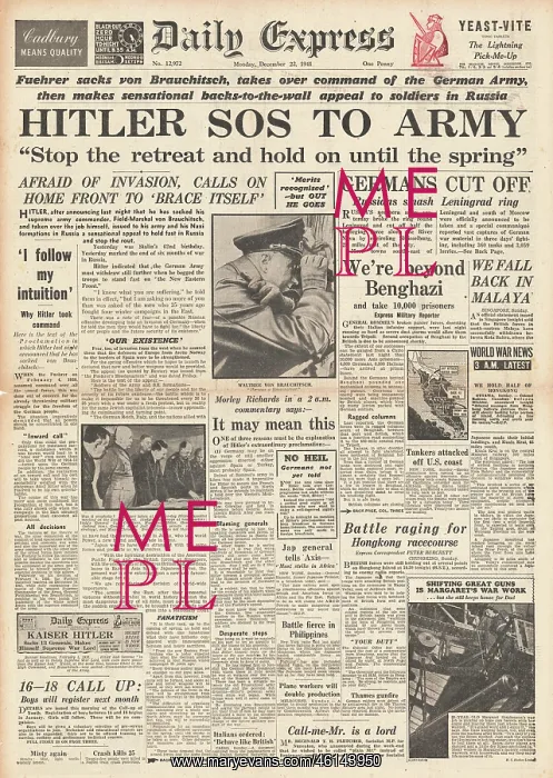: 1941 Daily Express Hitler takes full command of German Army : 1941 Daily Express Hitler takes full command of German Army