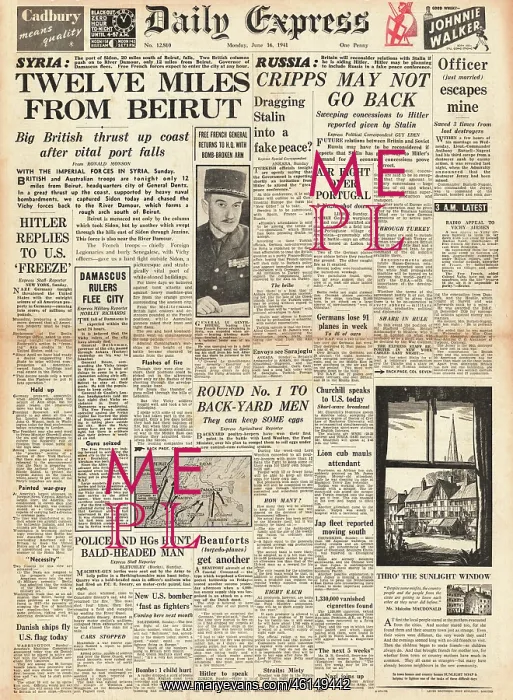 : 1941 Daily Express Imperial Forces advance to Beirut : 1941 Daily Express Imperial Forces advance to Beirut