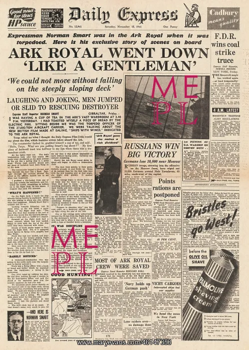 : 1941 Daily Express Sinking of HMS Ark Royal : 1941 Daily Express Sinking of HMS Ark Royal