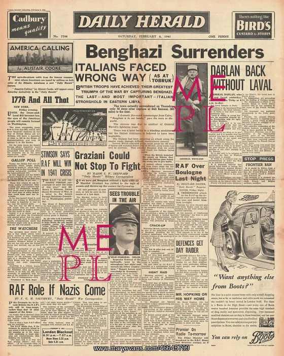 : 1941 Daily Herald British Forces capture Benghazi : 1941 Daily Herald British Forces capture Benghazi