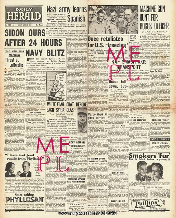 : 1941 Daily Herald British Forces capture Sidon : 1941 Daily Herald British Forces capture Sidon