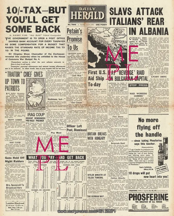: 1941 Daily Herald The Budget and RAF raid on Sofia : 1941 Daily Herald The Budget and RAF raid on Sofia