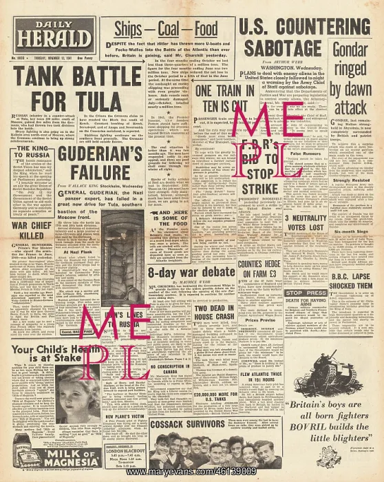 : 1941 Daily Herald German Army attack held at Tula : 1941 Daily Herald German Army attack held at Tula