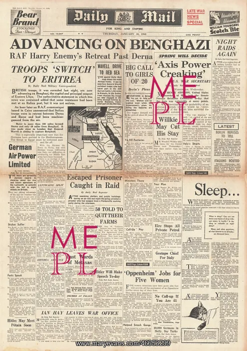 : 1941 Daily Mail British Forces advance on Benghazi : 1941 Daily Mail British Forces advance on Benghazi