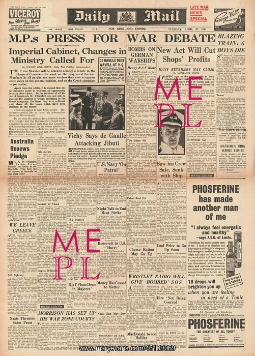 : 1941 Daily Mail British MP's call for War Debate : 1941 Daily Mail British MP's call for War Debate