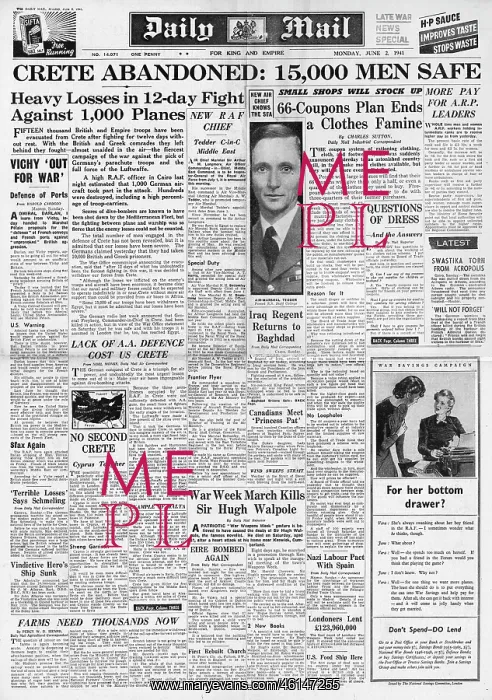: 1941 Daily Mail Crete evacuated by British Forces : 1941 Daily Mail Crete evacuated by British Forces