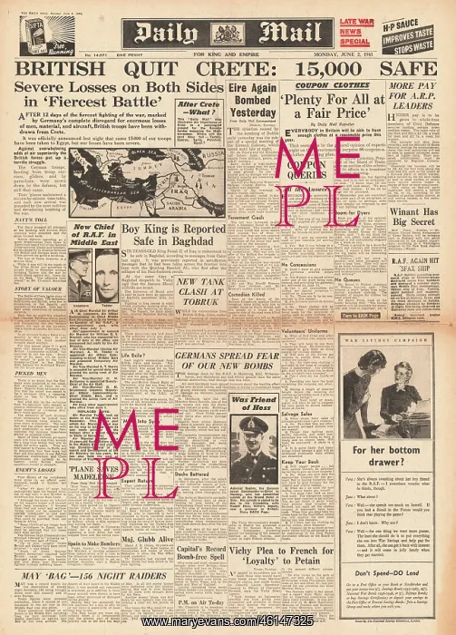 : 1941 Daily Mail Crete evacuated by British Forces : 1941 Daily Mail Crete evacuated by British Forces