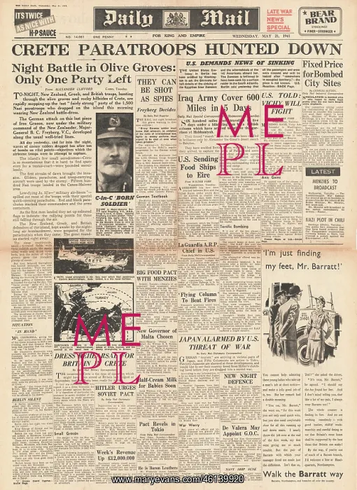 : 1941 Daily Mail German forces invade Crete : 1941 Daily Mail German forces invade Crete