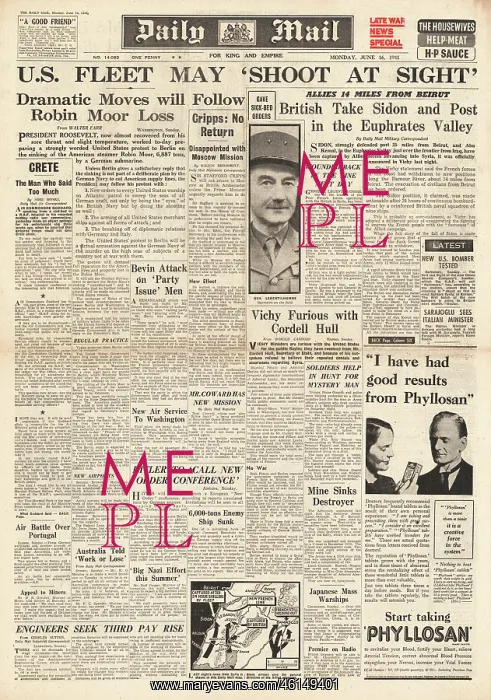 : 1941 Daily Mail Roosevelt protests over sinking of SS Robin : 1941 Daily Mail Roosevelt protests over sinking of SS Robin