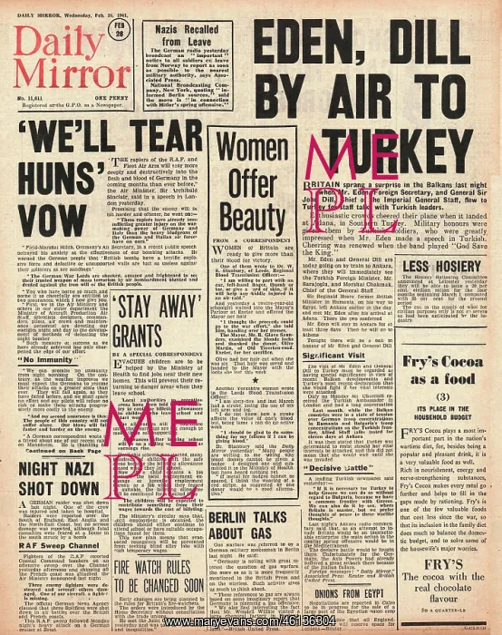 : 1941 Daily Mirror Anthony Eden attends talks in Turkey : 1941 Daily Mirror Anthony Eden attends talks in Turkey