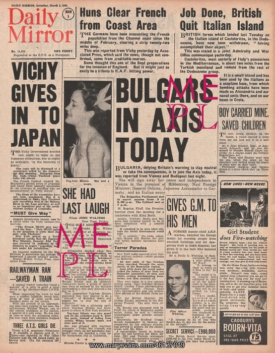 : 1941 Daily Mirror Bulgaria to join Axis : 1941 Daily Mirror Bulgaria to join Axis