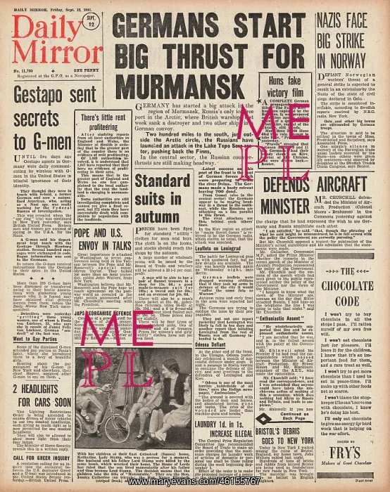 : 1941 Daily Mirror German Army thrust for Murmansk : 1941 Daily Mirror German Army thrust for Murmansk