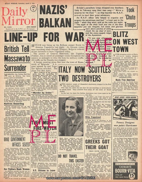 : 1941 Daily Mirror Threat of war in the Balkans : 1941 Daily Mirror Threat of war in the Balkans