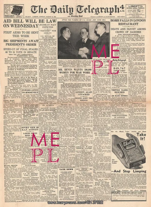 : 1941 Daily Telegraph US Aid Bill passed by Senate : 1941 Daily Telegraph US Aid Bill passed by Senate