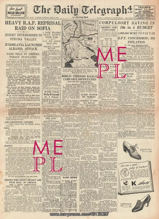 : 1941 Daily Telegraph The Budget and RAF raid on Sofia : 1941 Daily Telegraph The Budget and RAF raid on Sofia