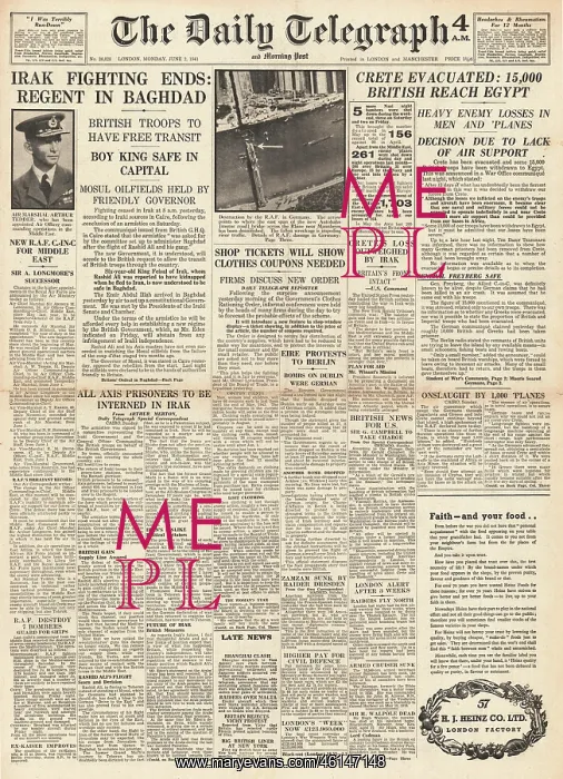 : 1941 Daily Telegraph Crete evacuated by British Forces : 1941 Daily Telegraph Crete evacuated by British Forces