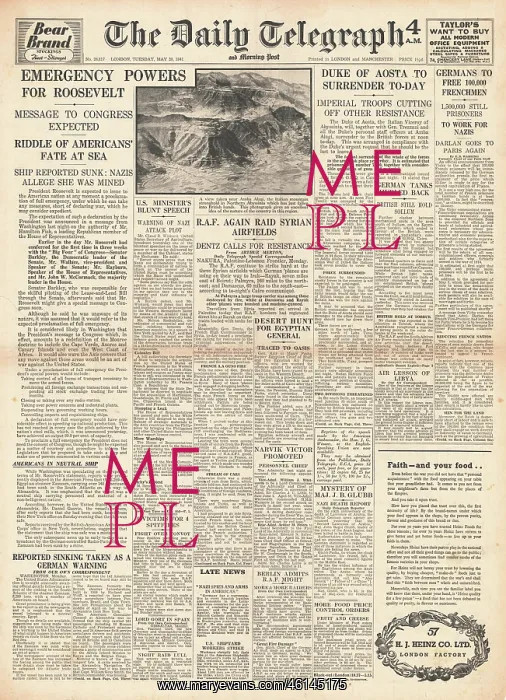 : 1941 Daily Telegraph Emergency powers for Roosevelt : 1941 Daily Telegraph Emergency powers for Roosevelt