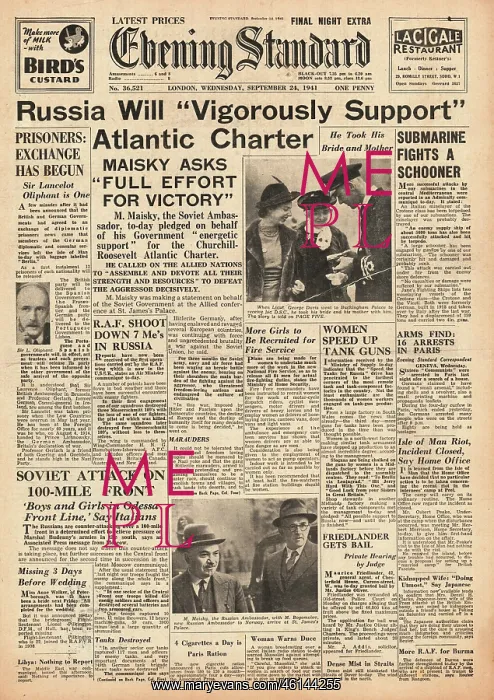 : 1941 Evening Standard Russian pledge to support Atlantic Cha : 1941 Evening Standard Russian pledge to support Atlantic Cha