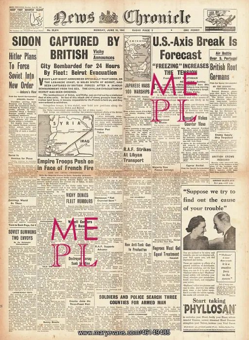 : 1941 News Chronicle British Forces capture Sidon : 1941 News Chronicle British Forces capture Sidon