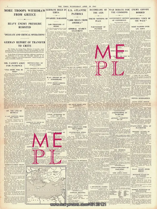 : 1941 The Times Allied Forces withdraw from Greece : 1941 The Times Allied Forces withdraw from Greece