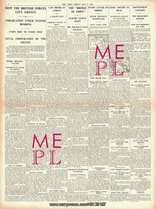 : 1941 The Times Allied Forces withdraw from Greece : 1941 The Times Allied Forces withdraw from Greece