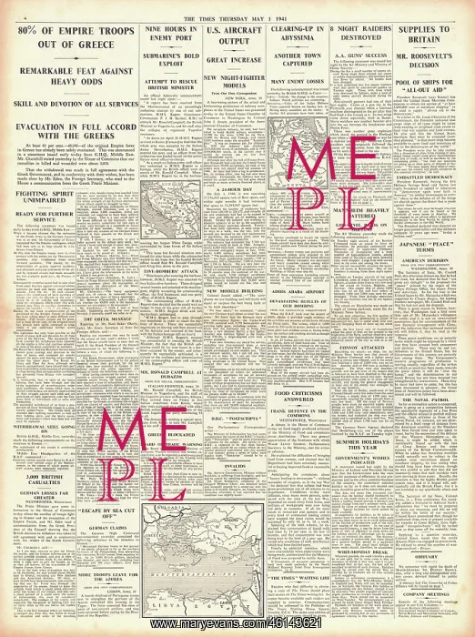 : 1941 The Times Allied Forces withdraw from Greece : 1941 The Times Allied Forces withdraw from Greece