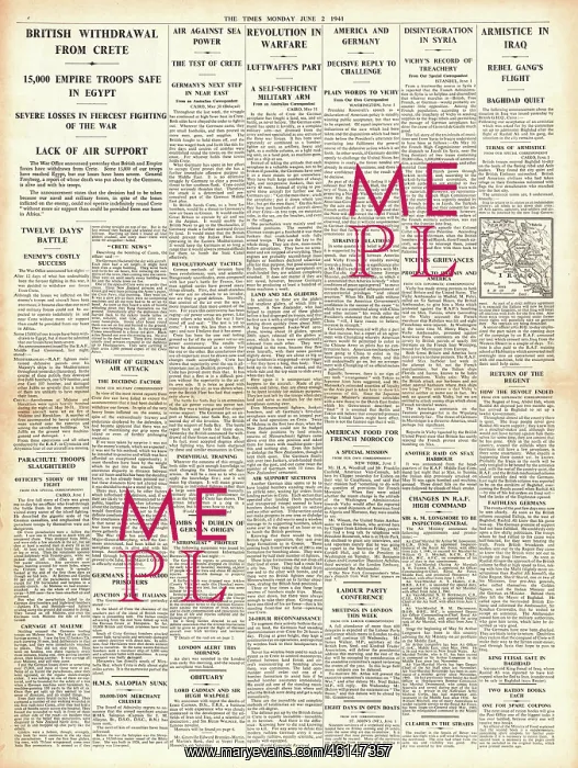 : 1941 The Times Crete evacuated by British Forces : 1941 The Times Crete evacuated by British Forces