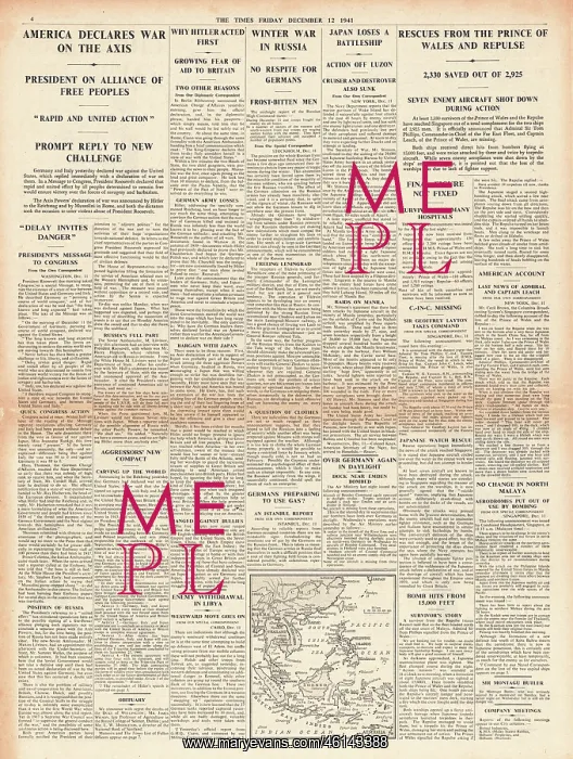 : 1941 The Times US Declares war on Germany and Italy : 1941 The Times US Declares war on Germany and Italy