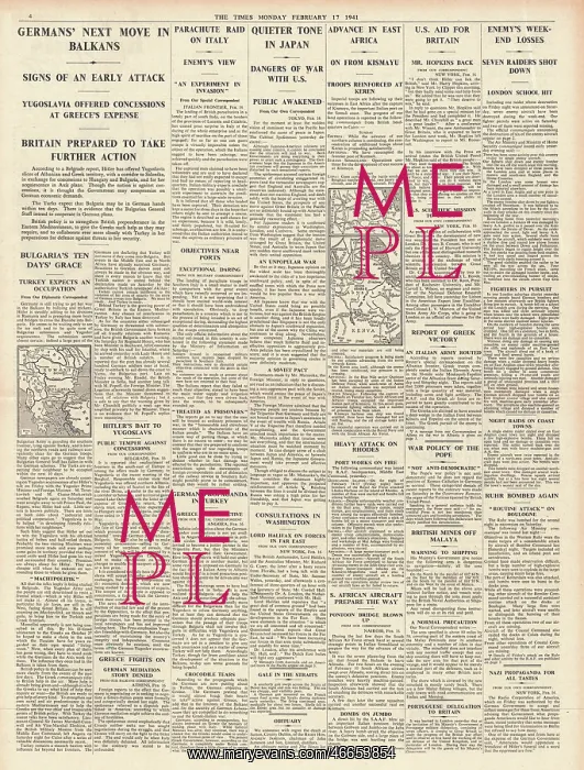 : 1941 The Times German threat in the Balkans : 1941 The Times German threat in the Balkans