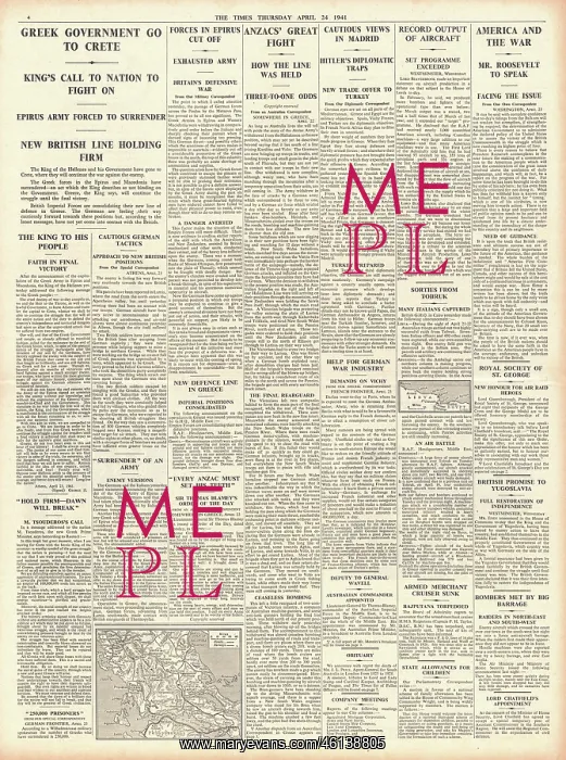 : 1941 The Times Greek Forces surrender in Epirus and Macedoni : 1941 The Times Greek Forces surrender in Epirus and Macedoni