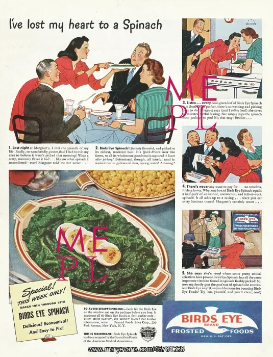 : 1941 U.S. Magazine Birds Eye Spinach Advert : 1941 U.S. Magazine Birds Eye Spinach Advert