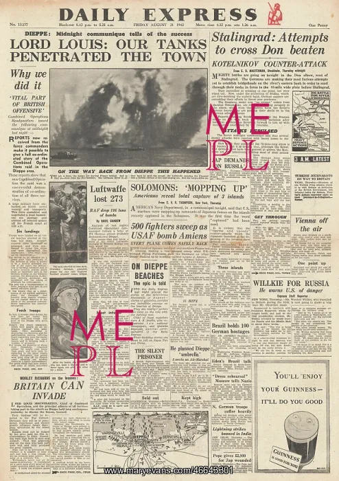 : 1942 Daily Express British Commando Raid on Dieppe : 1942 Daily Express British Commando Raid on Dieppe