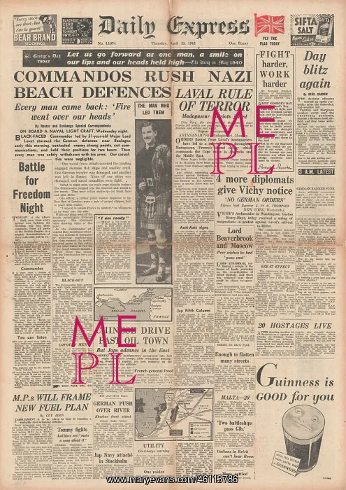 : 1942 Daily Express British Commandos raid on Boulogne : 1942 Daily Express British Commandos raid on Boulogne
