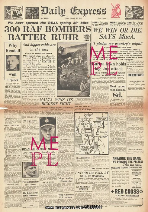: 1942 Daily Express RAF Bombers attack the Ruhr : 1942 Daily Express RAF Bombers attack the Ruhr