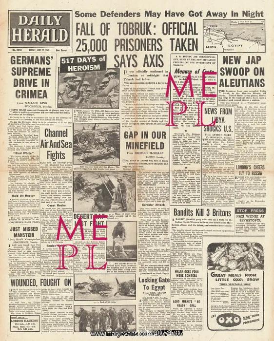: 1942 Daily Herald Fall of Tobruk to German Forces : 1942 Daily Herald Fall of Tobruk to German Forces