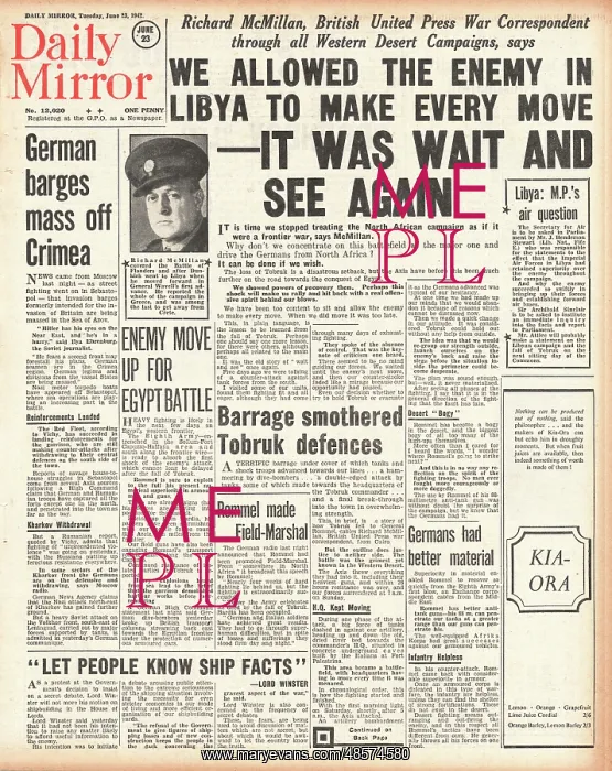 : 1942 Daily Mirror Fall of Tobruk to German Forces : 1942 Daily Mirror Fall of Tobruk to German Forces