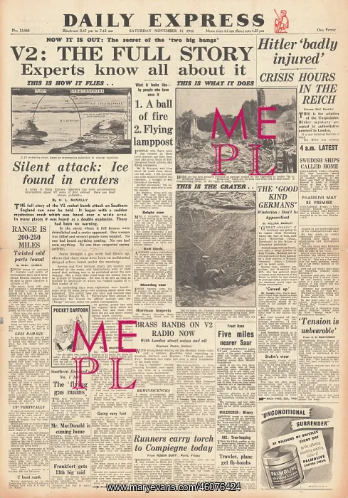 : 1944 Daily Express V2 Rocket Launched Against England : 1944 Daily Express V2 Rocket Launched Against England