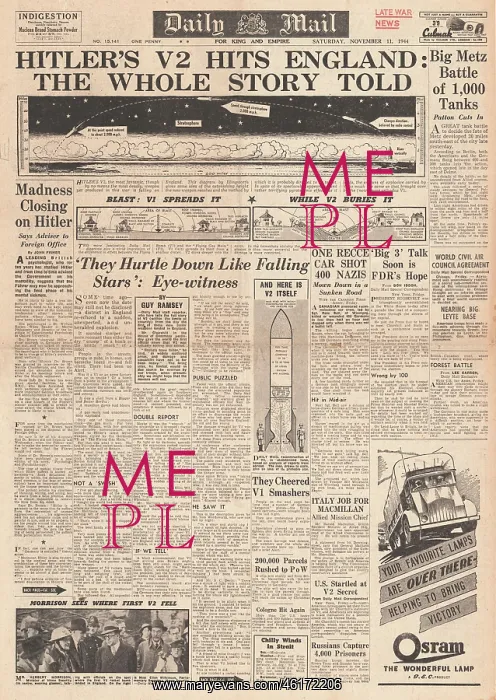 : 1944 Daily Mail V2 Rocket Launched Against England : 1944 Daily Mail V2 Rocket Launched Against England